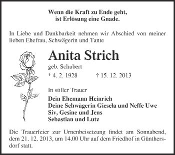 Traueranzeige von Anita Strich von Super Sonntag Merseburg
