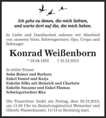Traueranzeige von Konrad Weißenborn von WVG - Wochenspiegel Bernburg