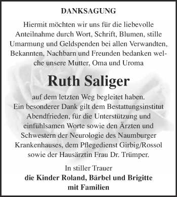 Traueranzeige von Ruth Saliger von WVG - Wochenspiegel NMB / WSF / ZTZ