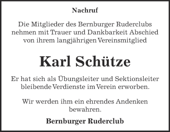 Traueranzeige von Karl Schütze von Super Sonntag Bernburg