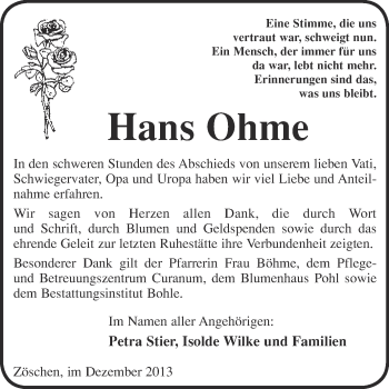 Traueranzeige von Hans Ohme von Super Sonntag Merseburg