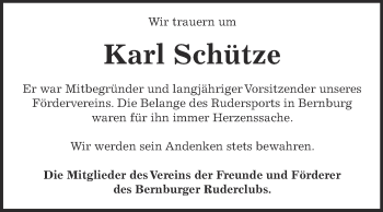 Traueranzeige von Karl Schütze von Super Sonntag Bernburg