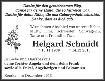 Traueranzeige von Helgard Schmidt von Super Sonntag Zeitz