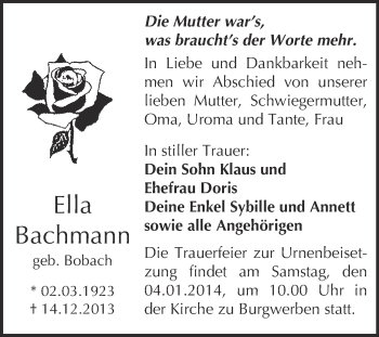 Traueranzeige von Ella Bachmann von WVG - Wochenspiegel NMB / WSF / ZTZ