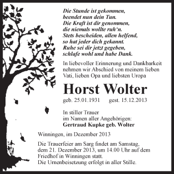 Traueranzeige von Horst Wolter von WVG - Wochenspiegel Aschersleben