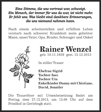 Traueranzeige von Rainer Wenzel von Super Sonntag Bernburg