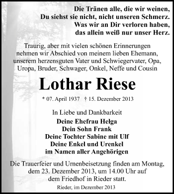 Traueranzeige von Lothar Riese von WVG - Wochenspiegel Quedlinburg