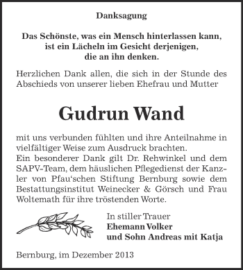 Traueranzeige von Gudrun Wand von Super Sonntag Bernburg