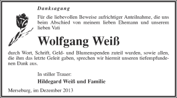 Traueranzeige von Wolfgang Weiß von WVG - Wochenspiegel Merseburg