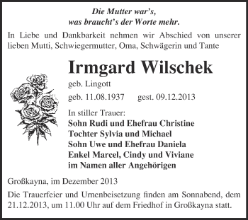 Traueranzeige von Irmgard Wilschek von WVG - Wochenspiegel Merseburg