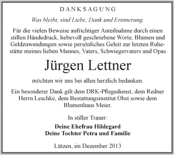 Traueranzeige von Jürgen Lettner von Super Sonntag Merseburg
