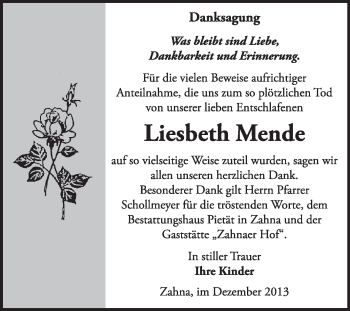 Traueranzeige von Liesbeth Mende von Super Sonntag Wittenberg