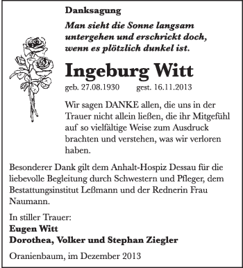 Traueranzeige von Ingeburg Witt von WVG - Wochenspiegel Wittenberg