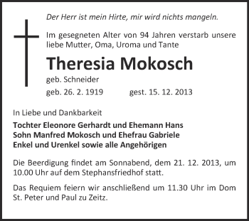 Traueranzeige von Theresia Mokosch von WVG - Wochenspiegel NMB / WSF / ZTZ