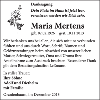 Traueranzeige von Maria Mertens von WVG - Wochenspiegel Wittenberg
