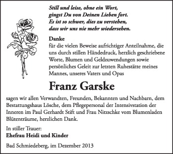 Traueranzeige von Franz Garske von WVG - Wochenspiegel Wittenberg
