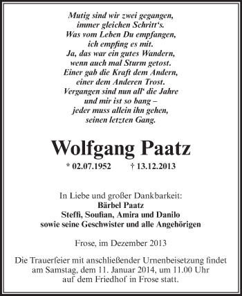 Traueranzeige von Wolfgang Paatz von Super Sonntag Aschersleben