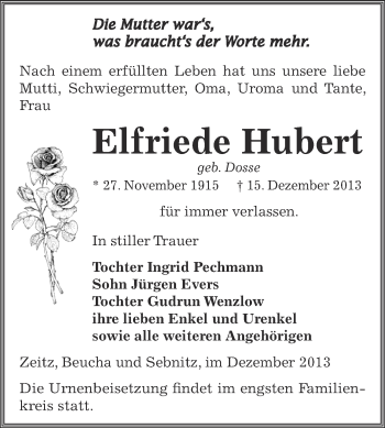 Traueranzeige von Elfriede Hubert von Super Sonntag Zeitz
