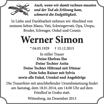 Traueranzeige von Werner Simon von WVG - Wochenspiegel Wittenberg
