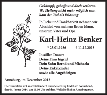 Traueranzeige von Karl-Heinz Benker von WVG - Wochenspiegel Wittenberg