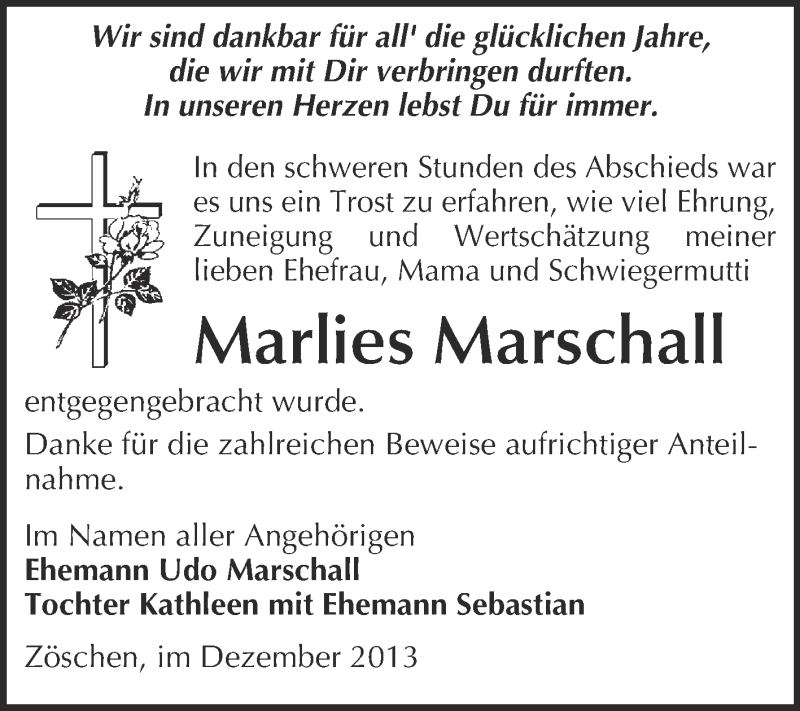  Traueranzeige für Marlies Marschall vom 22.12.2013 aus Super Sonntag Merseburg