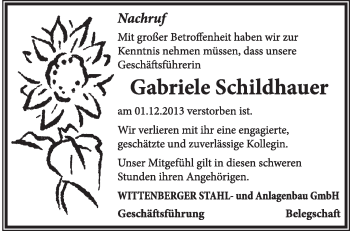 Traueranzeige von Gabriele Schildhauer von Super Sonntag Wittenberg
