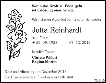 Traueranzeige von Jutta Reinhardt von Super Sonntag Zeitz