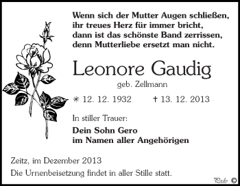 Traueranzeige von Leonore Gaudig von Super Sonntag Zeitz