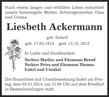 Traueranzeige von Liesbeth Ackermann von Super Sonntag Bernburg