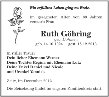 Traueranzeige von Ruth Göhring von Super Sonntag Zeitz