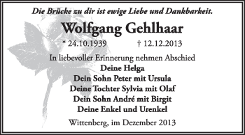 Traueranzeige von Wolfgang Gehlhaar von Super Sonntag Wittenberg