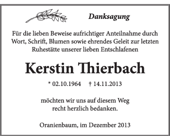 Traueranzeige von Kerstin Thierbach von Super Sonntag Dessau / Köthen