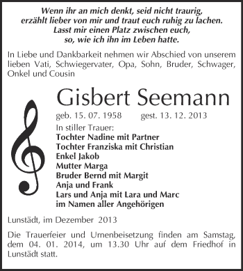Traueranzeige von Gisbert Seemann von WVG - Wochenspiegel Merseburg