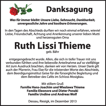 Traueranzeige von Ruth Lissi Thieme von Super Sonntag Dessau / Köthen