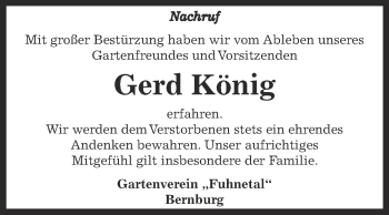 Traueranzeige von Gerd König von Super Sonntag Bernburg