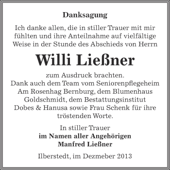 Traueranzeige von Willi Ließner von Super Sonntag Bernburg