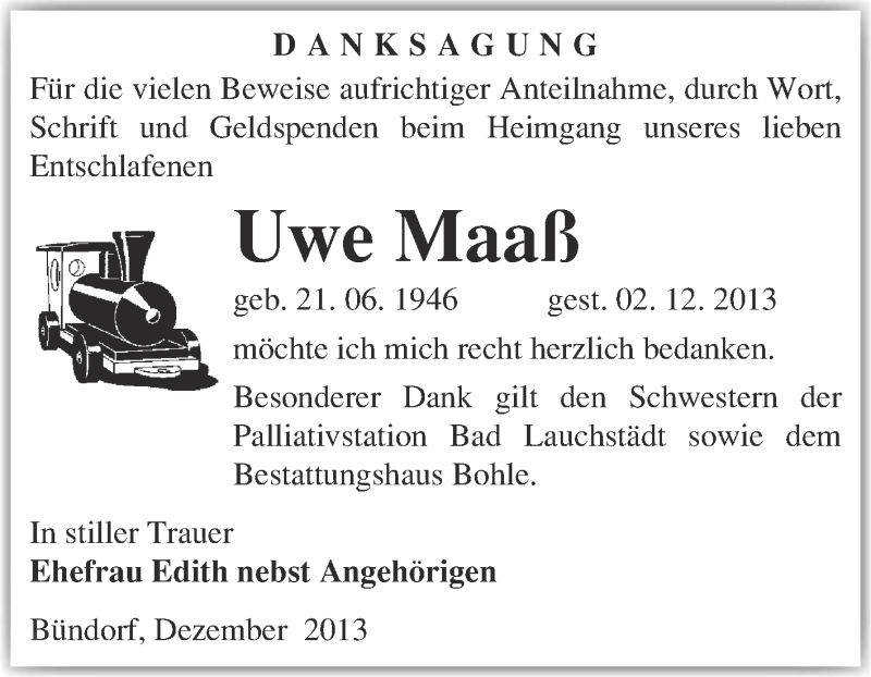  Traueranzeige für Uwe Maaß vom 22.12.2013 aus Super Sonntag Merseburg