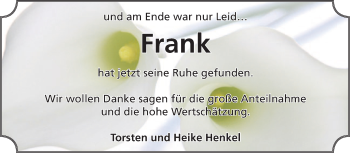Traueranzeige von Frank  von Super Sonntag Aschersleben