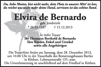 Traueranzeige von Elvira de Bernardo von Super Sonntag Dessau / Köthen