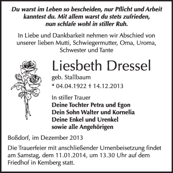 Traueranzeige von Liesbeth Dressel von WVG - Wochenspiegel Wittenberg