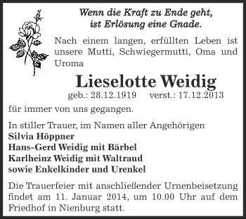 Traueranzeige von Lieselotte Weidig von Super Sonntag Bernburg