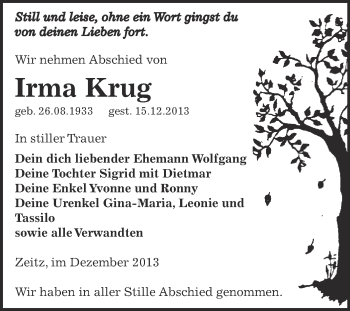 Traueranzeige von Irma Krug von Super Sonntag Zeitz
