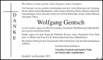 Traueranzeige von Wolfgang Gentsch von Super Sonntag Zeitz