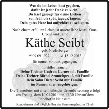 Traueranzeige von Käthe Seibt von Super Sonntag Quedlinburg
