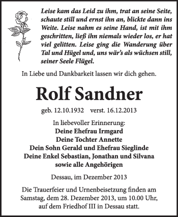 Traueranzeige von Rolf Sandner von Super Sonntag Dessau / Köthen