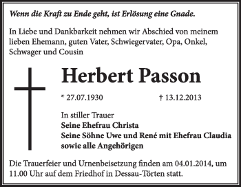 Traueranzeige von Herbert Passon von Super Sonntag Dessau / Köthen