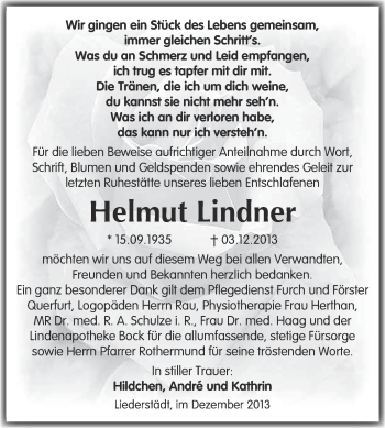 Traueranzeige von Helmut Lindner von Super Sonntag Merseburg