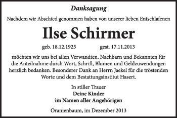 Traueranzeige von Ilse Schirmer von Super Sonntag Wittenberg