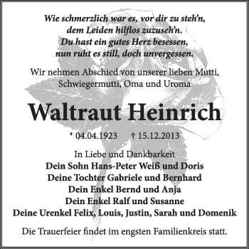Traueranzeige von Waltraut Heinrich von Super Sonntag Dessau / Köthen