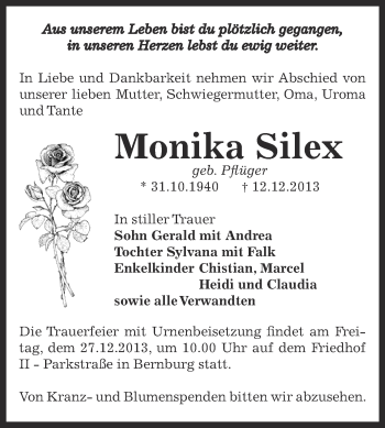 Traueranzeige von Monika Silex von Super Sonntag Bernburg